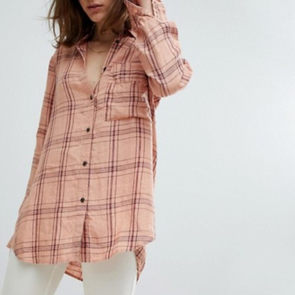 Free People "No Limits" Dark Tan Plaid 100% Linen Button Down Blouse size Medium